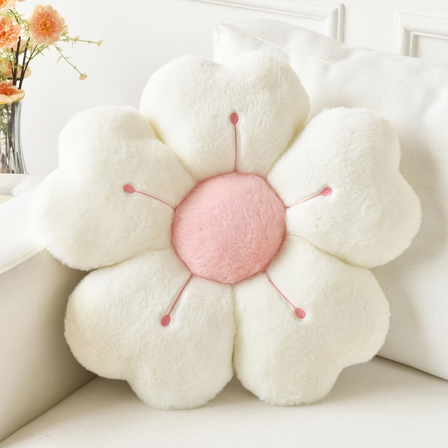 Plush daisy flower throw pillow for bed and sofa, white/pink, 34.8 cm, polyester fabric, adorable floral design, cozy decoration. Ideal for bed or couch.