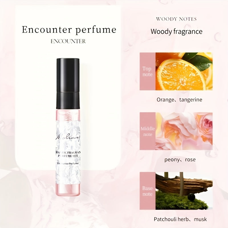 5-piece gift set of elegant women's perfume with long-lasting floral scents, alcohol-infused, ideal for daily wear and travel. Includes 10ml portable spray bottles of designer fragrance.