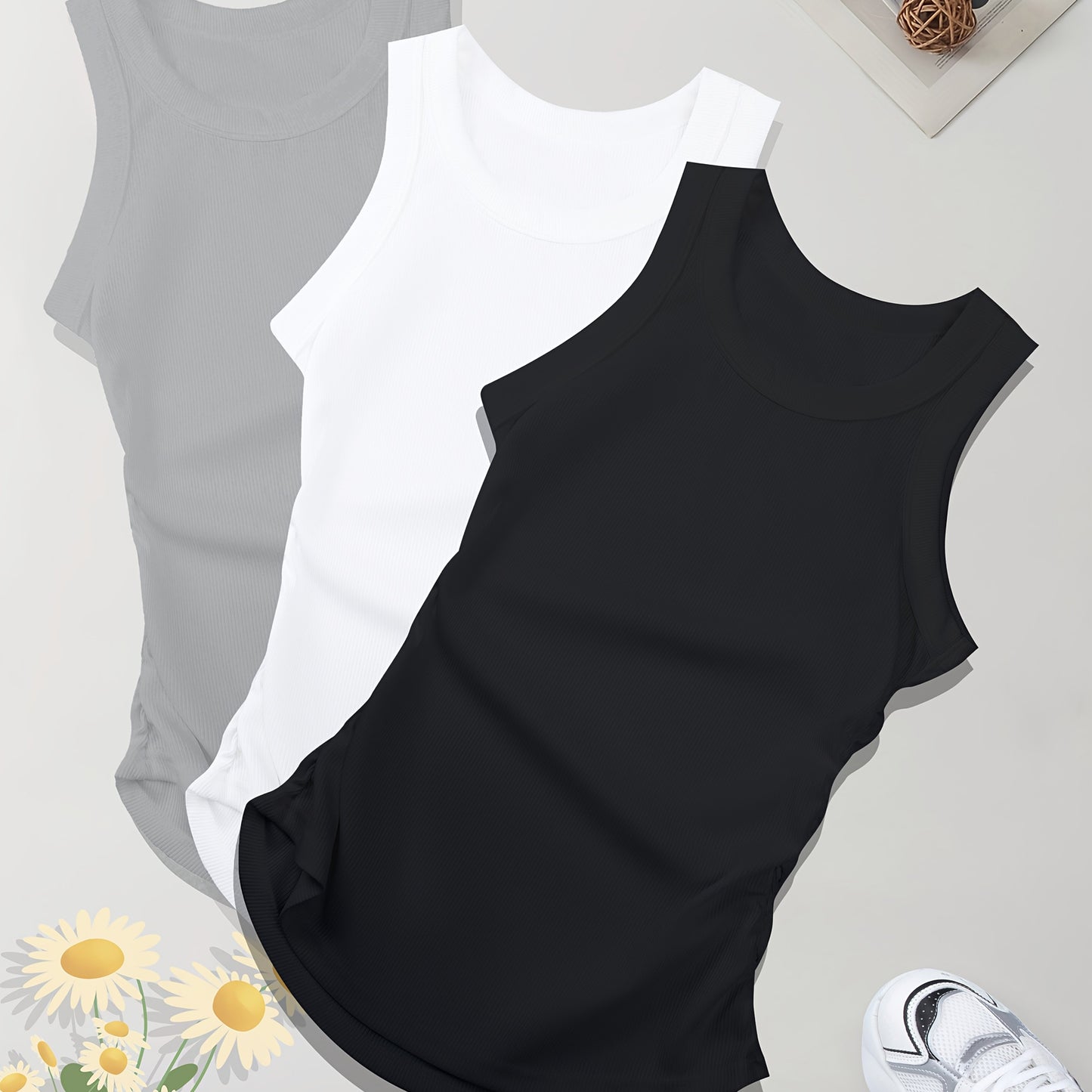 3-piece sleeveless tank tops for women in red, gray, and black. Made of stretchy polyester/spandex blend, machine washable. Suitable for summer workouts and casual wear with a round neck