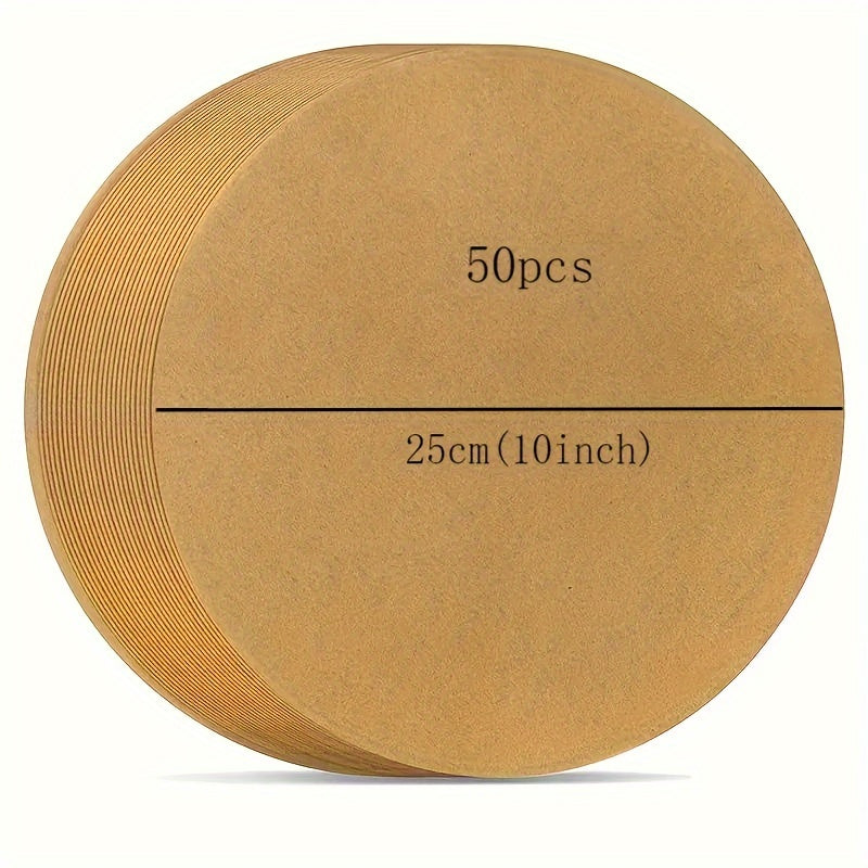 25cm round paper mats for 10'' cake pans, suitable for baking, grilling, steaming, microwave, and air fryer. Kitchen essential for non-stick baking.