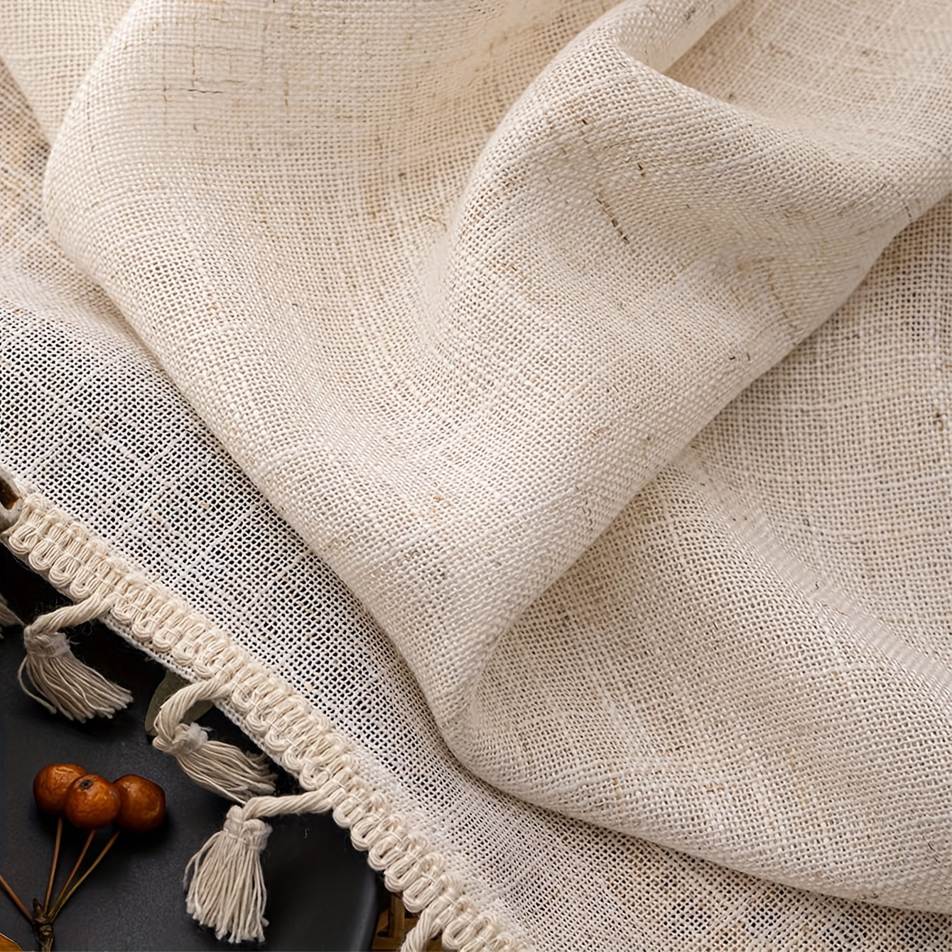 Beige lace linen sheer curtain with tassels, perfect for adding a touch of elegance to your bedroom, office, kitchen, living room, study, or home decor. Features a rod pocket for easy hanging.