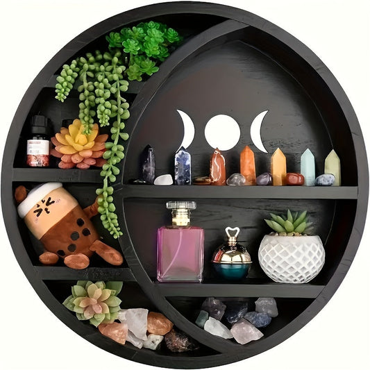 Gothic-inspired Wooden Moon Shelf with Crystal Crescent Display, Vintage Organizer for Living Room, Kitchen, Bathroom, or Bedroom Decor, Featuring an Open-Top Design