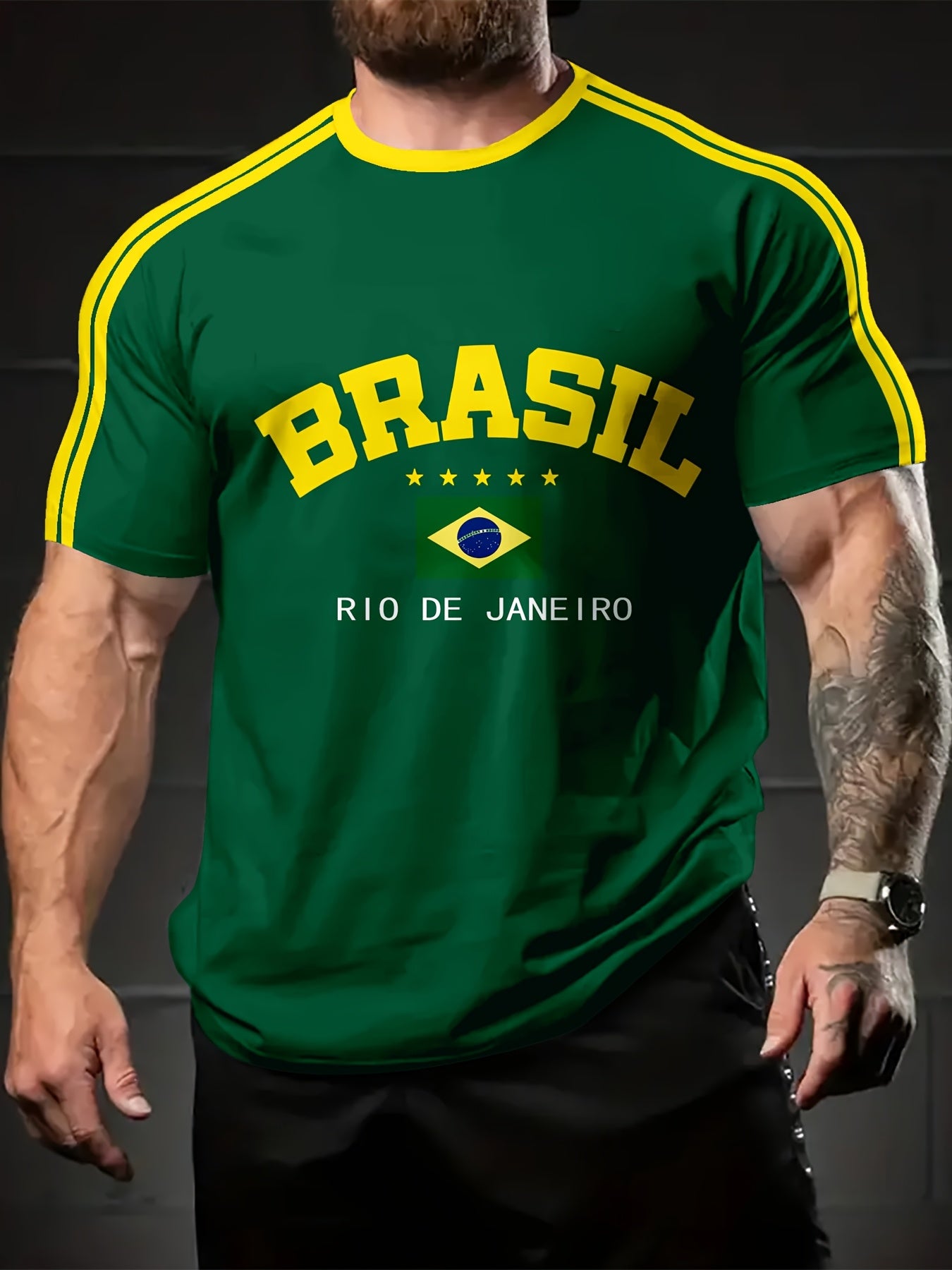 1pc Brazil-inspired men's casual short sleeve T-shirt with digital print, crew neck, polyester knit fabric with stretch, ideal for summer activities and daily wear.