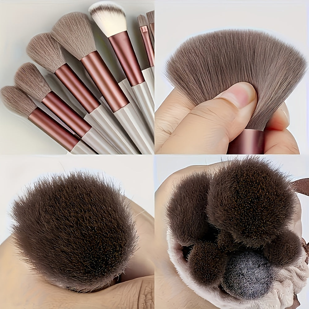 13-piece professional makeup brush set with soft polyester bristles and hypoallergenic nylon bristles. Features ABS plastic handle and is fragrance-free. Suitable for all skin types.