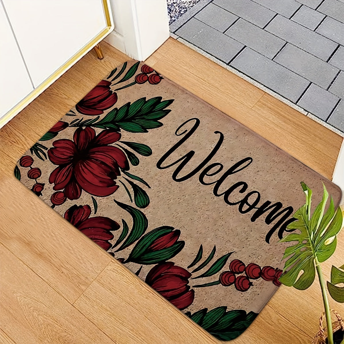 Red Flower Welcome Indoor/Outdoor Door Mat - Machine Washable, Rectangular Shape, Non-Slip Backing, Medium Pile, Made of Polyester