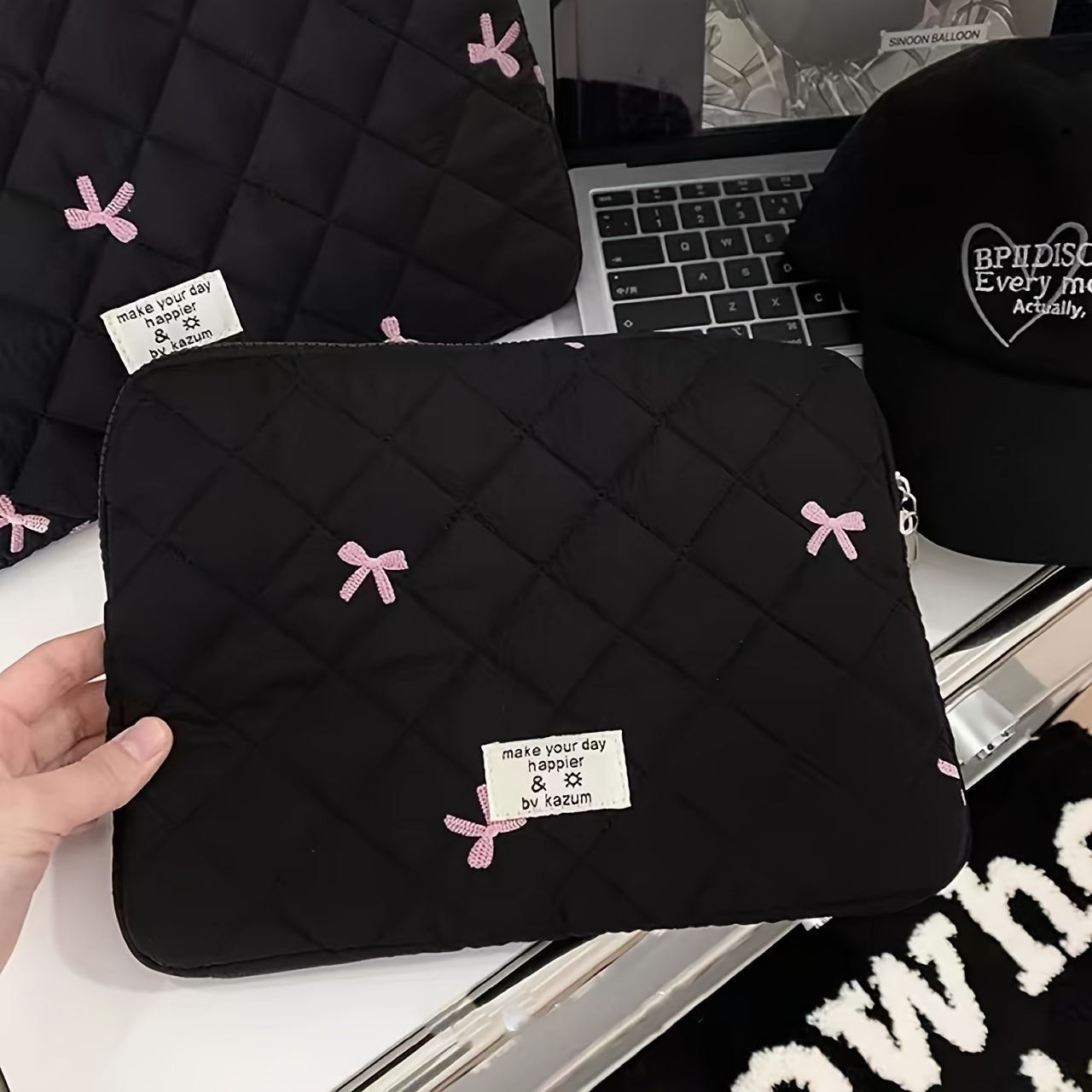 Bow-Embroidered Laptop Sleeve made of Durable Polyester with Checkered Pattern. Fits 10/11", 13/14", 15/15.6" Tablets & Notebooks.