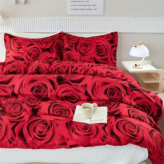 Set of 3 Duvet Covers, featuring a Romantic Red Rose Print, suitable for all seasons. This Soft, Comfortable and Breathable Bedding Set is perfect for the Bedroom or Guest Room. Includes 1 Duvet Cover and 2 Pillowcases, Core not included.