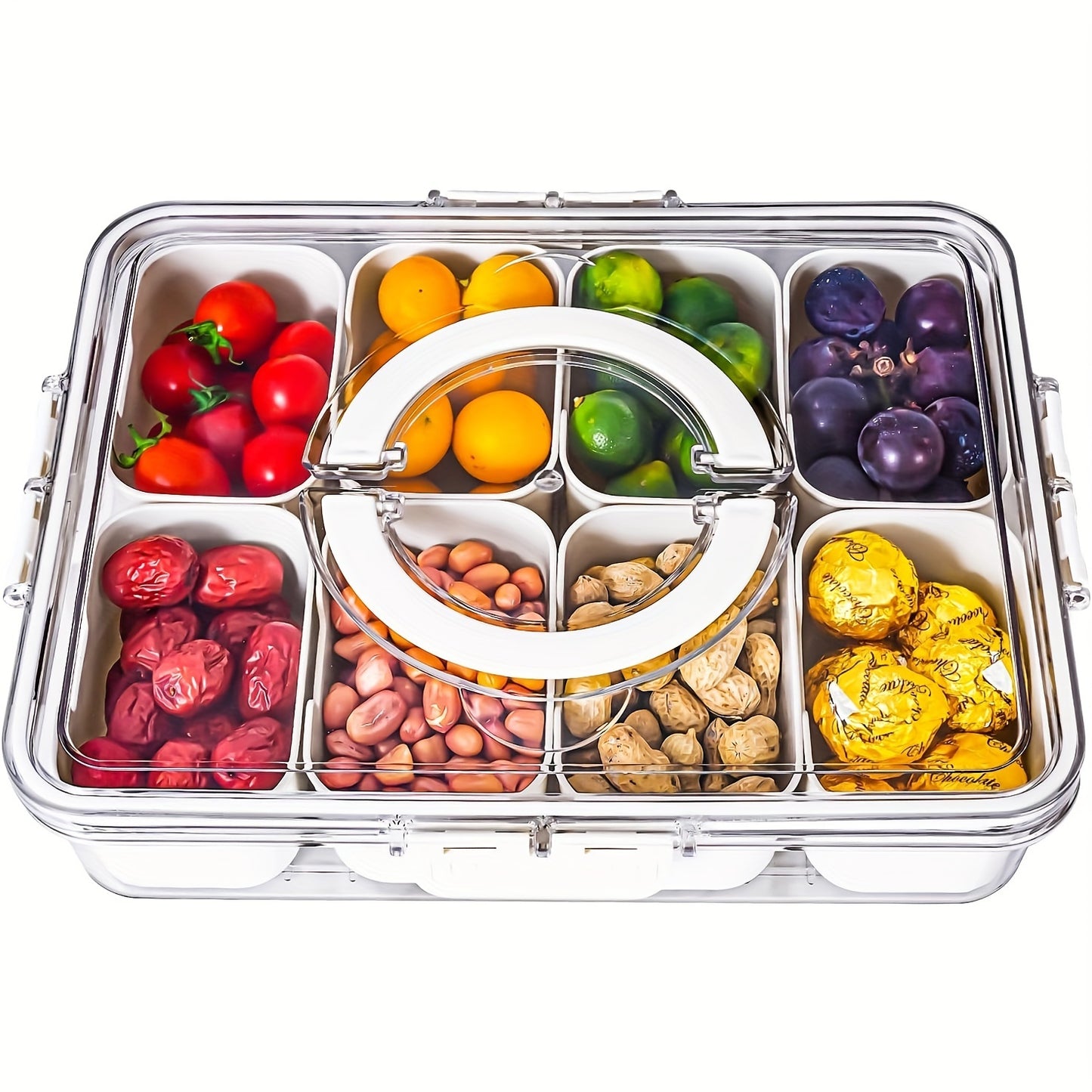 Single serving tray with lid, handle and divider for snacks, perfect for parties and entertaining.