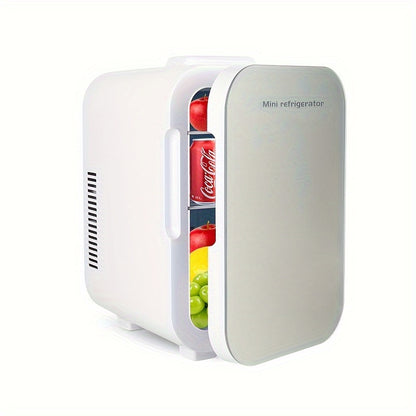 8L dual-use small refrigerator for car and home, with beauty makeup function and glass panel for refrigeration and heat conversion.