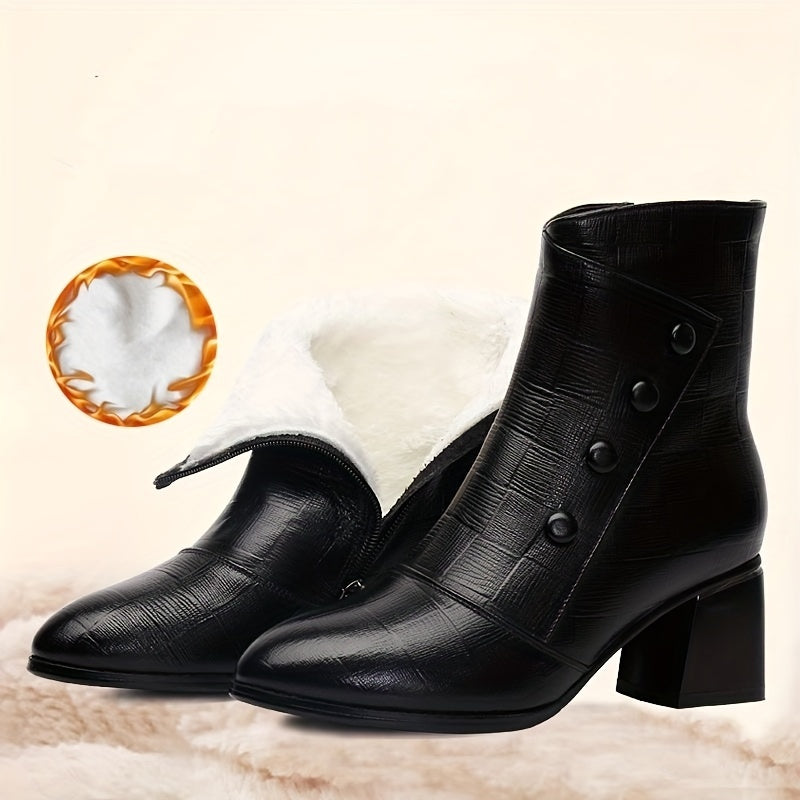 Stylish women's ankle boots with zipper closure, plaid pattern, high heel, thick sole, fabric insole, and cozy lining for winter wear.