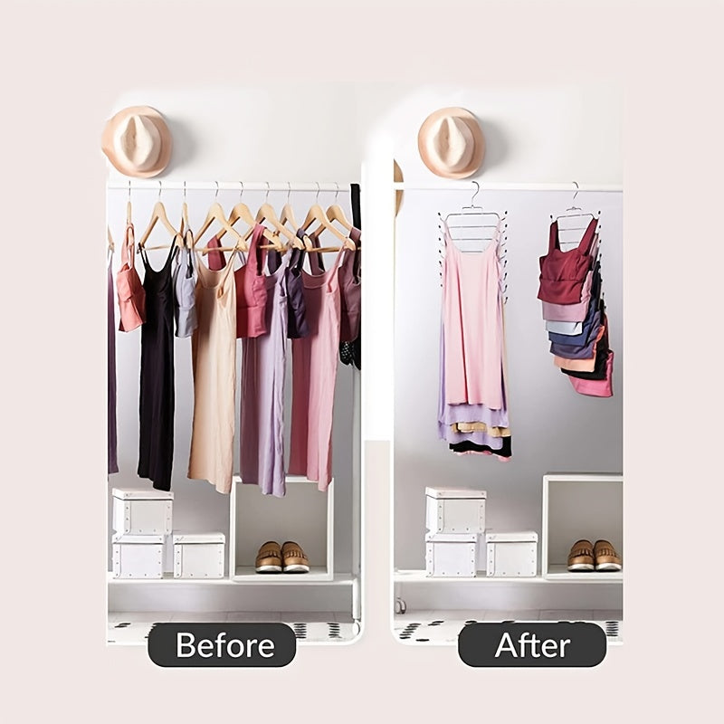 1 piece of Iron Clothes Hanger with 8 adjustable layers for storing clothes in the bedroom. This versatile hanger includes a Bra Holder and is ideal for dorm rooms and bedroom wardrobes. It is designed to help organize your closet effectively.