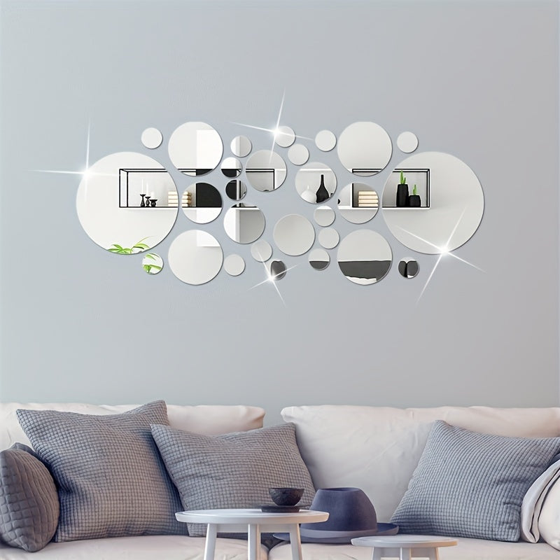 33 round 3D acrylic mirror wall stickers, self-adhesive and removable. Suitable for various rooms. Waterproof and no electricity required.