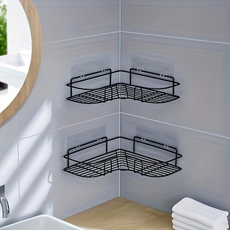 Wall-mounted shower caddy organizer for toiletries with adhesive hook.