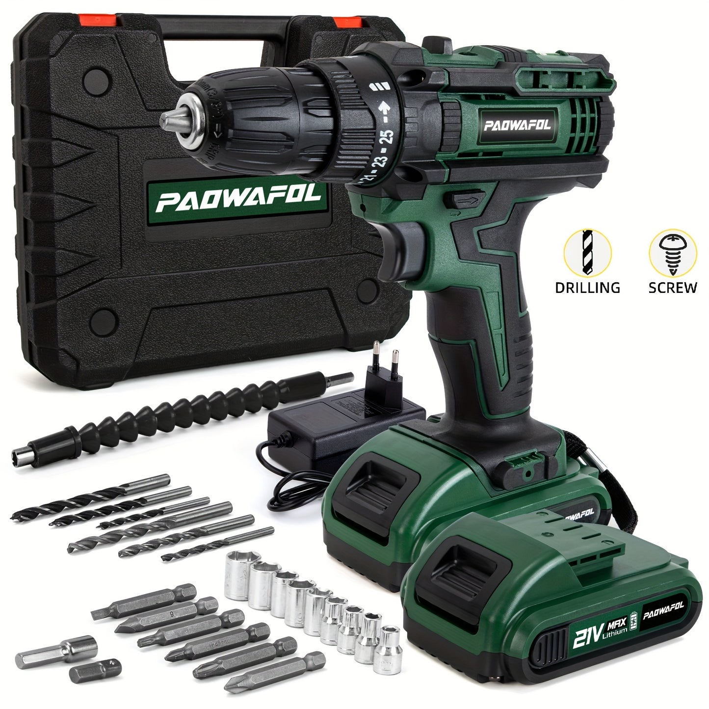 21V Cordless Drill with rechargeable battery, 2 speed settings, 25+1 torque, 24 accessories, LED light, for DIY, home, and garden use.