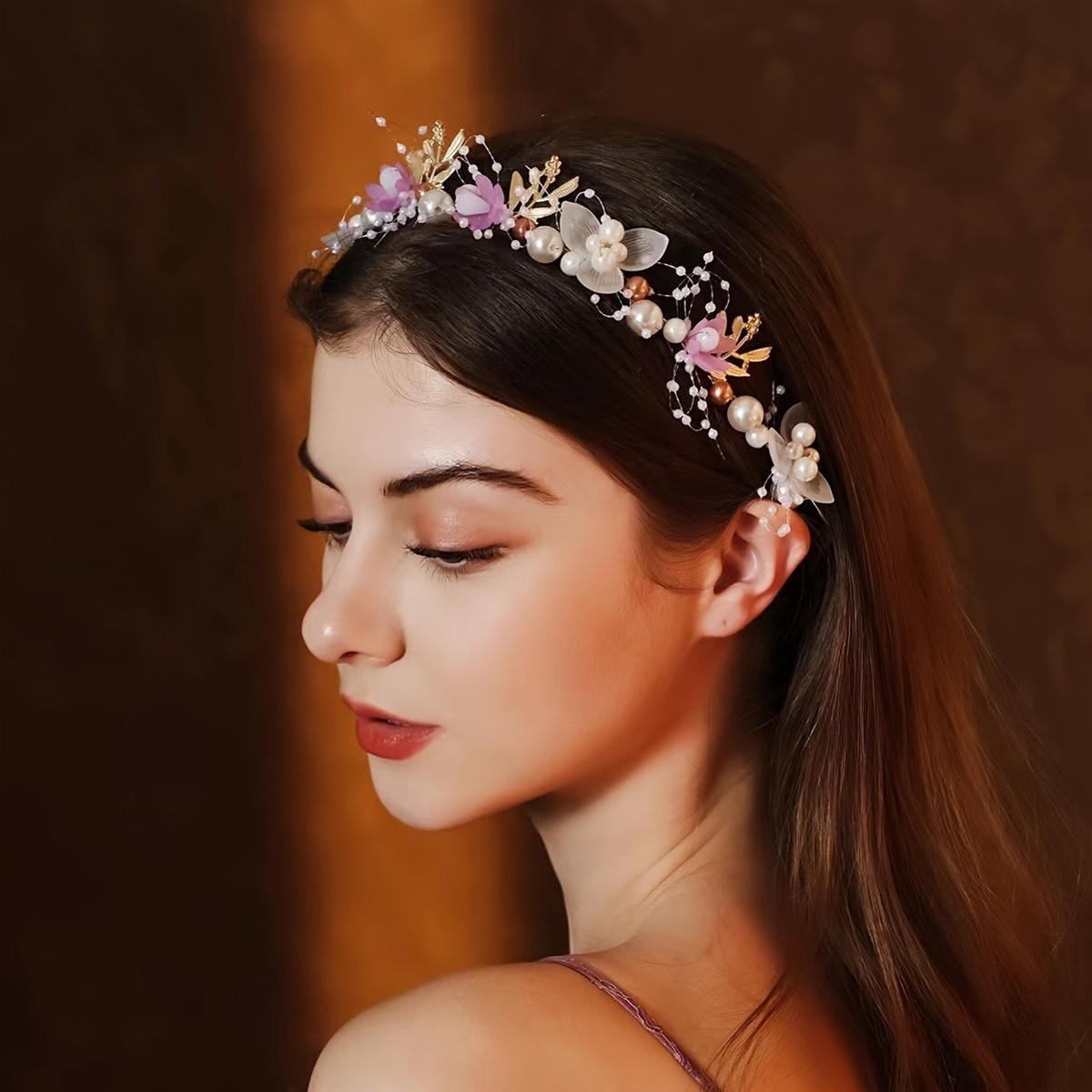 Elegant bridal headband featuring golden leaves, floral wreath, and faux pearls - ideal for weddings & special occasions