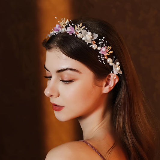 Romantic bridal headpiece with faux pearls, floral wreath, and ribbon tie.