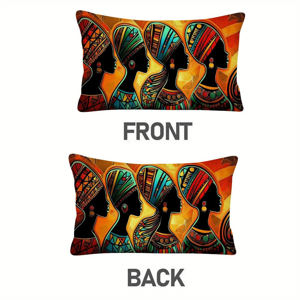 Two pieces of vintage African tribes abstract flannel cushion covers, measuring 50.8x30.48 cm. These covers are designed to be friendly for multi-position sleepers and are machine washable with a zipper closure. Ideal for use on the sofa, bed, or while