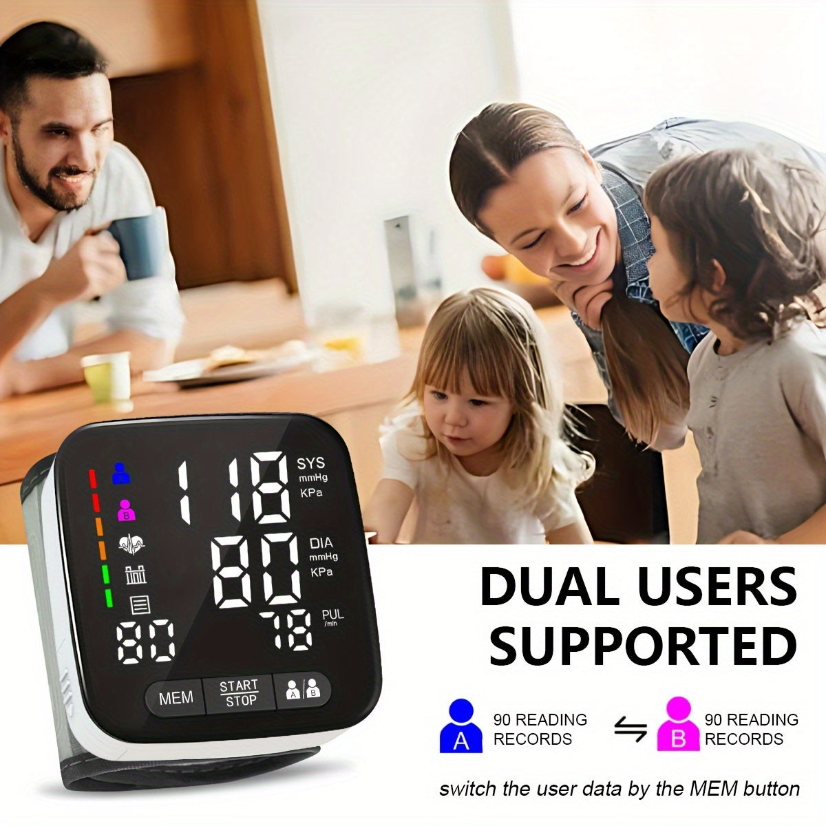 Adult home wrist sphygmomanometer with large backlit display, arrhythmia detector, and memory readings.