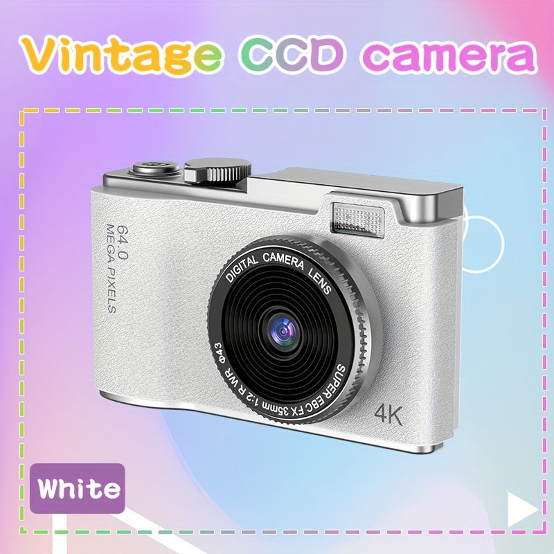 Retro-style 4K HD CCD digital camera with dual lens, USB-C charging and image transfer, perfect for students and photography enthusiasts.