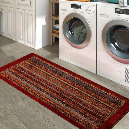 Red Turkey Style Area Carpet - 1pc Striped Abstract Rug, Made of 100% Polyester, Features Non-Slip PVC Backing, Machine-Made and Hand Washable, 1cm Thick, Ideal for Bedroom, Living Room, and Indoor Decor