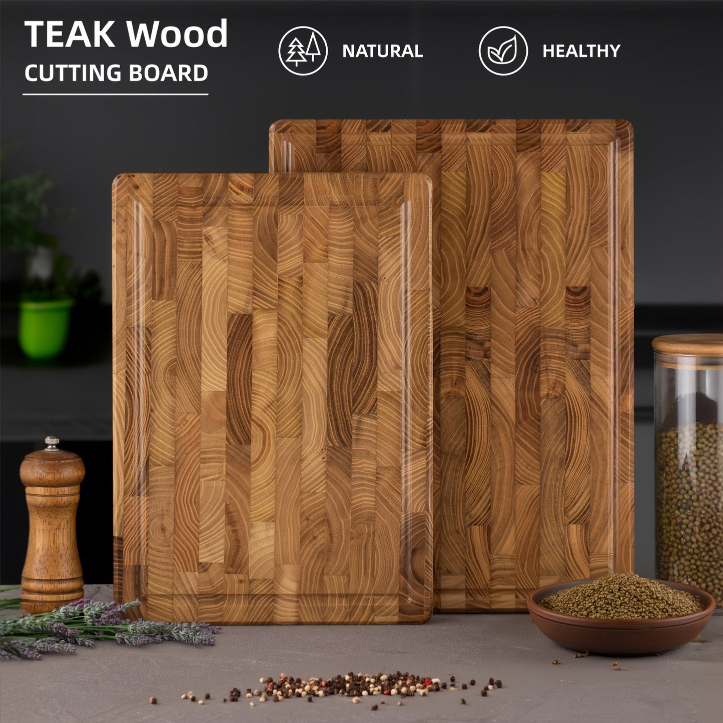 Multipurpose Kitchen Cutting Board made of Teak Wood with End Grain, Butcher Block, and Chopping Board Features, including Juice Groove and Inner Handles