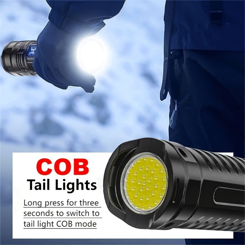 Rechargeable LED flashlight with built-in battery and COB tail light for indoor and outdoor use.