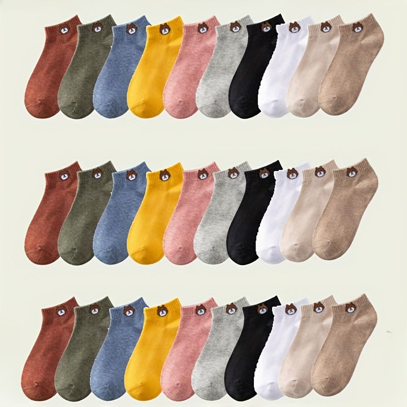 10 pairs of cute knit ankle socks with cartoon bear design for spring & autumn outdoor sports wear, made of polyester and machine & dry cleanable.