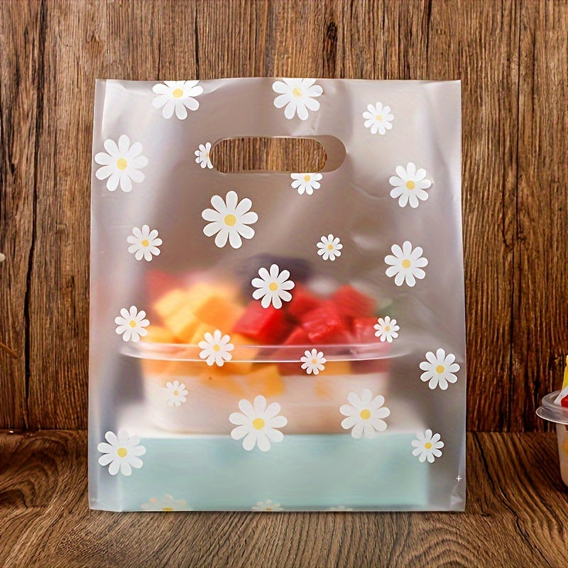 50 Thickened White Daisy Frosted Plastic Bags with Handles for Gifts - Transparent, Reusable Packaging with Easy Carry Handle