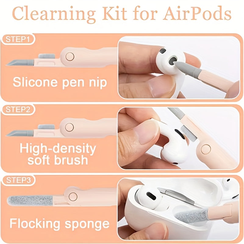 One-piece 7-in-1 cleaning kit for wireless headphones, earplugs, keyboards, laptops, and screens. Includes a cleaning pen, brush, and tool for multitasking cleaning needs.