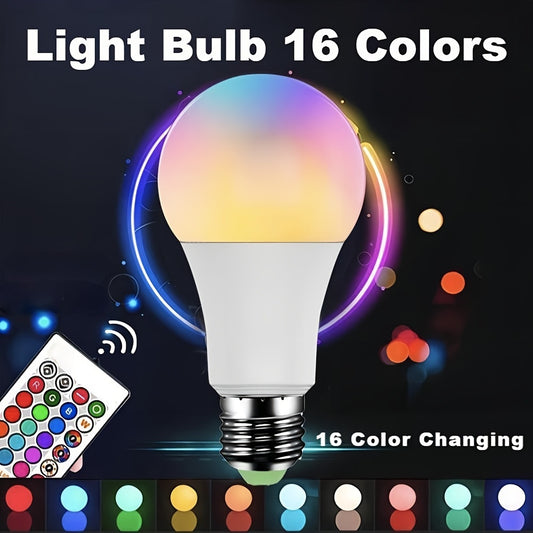 Smart 16-color light bulb with remote control, E27 220V 10W RGB LED bulb, 16-color options, dimmable floodlight suitable for home decoration, gatherings, bedroom, and home use.