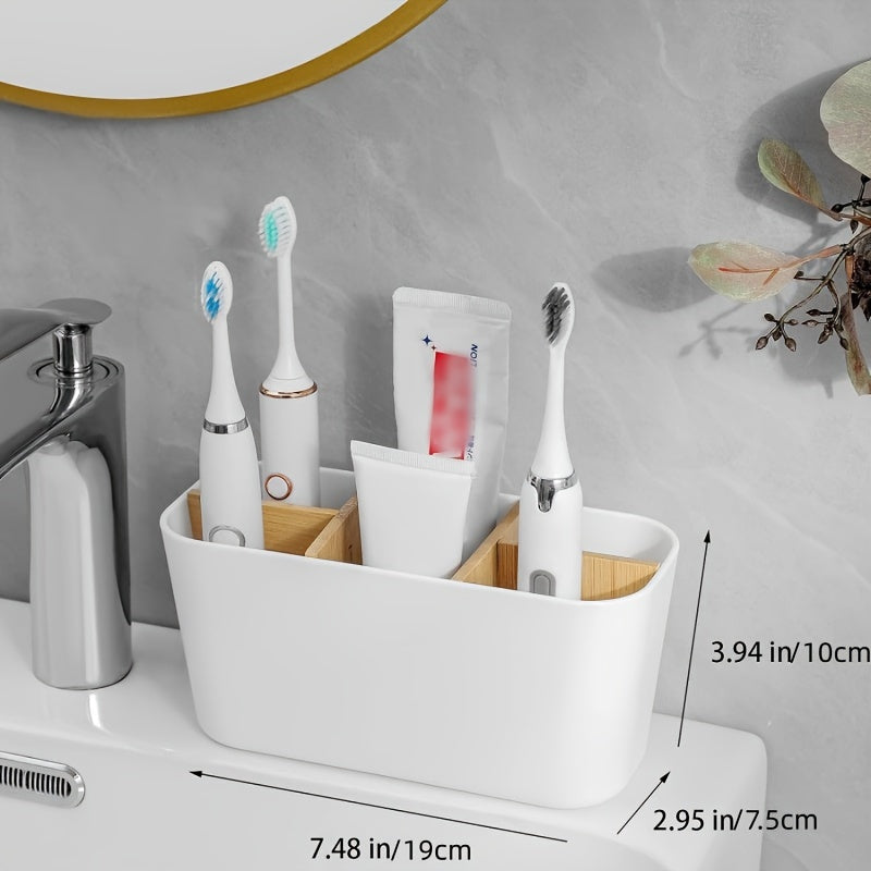 1pc Electric toothbrush holder with 5 slots, freestanding bathroom organizer for toothbrushes and toothpaste.