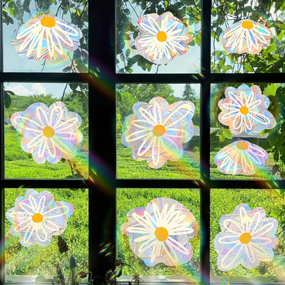 Dazzling Rainbow Prism Window Decor - Set of 10 Daisy Suncatcher Clings, Reusable Vinyl Stickers to Prevent Bird Strikes, Perfect for Home and Garden Accents