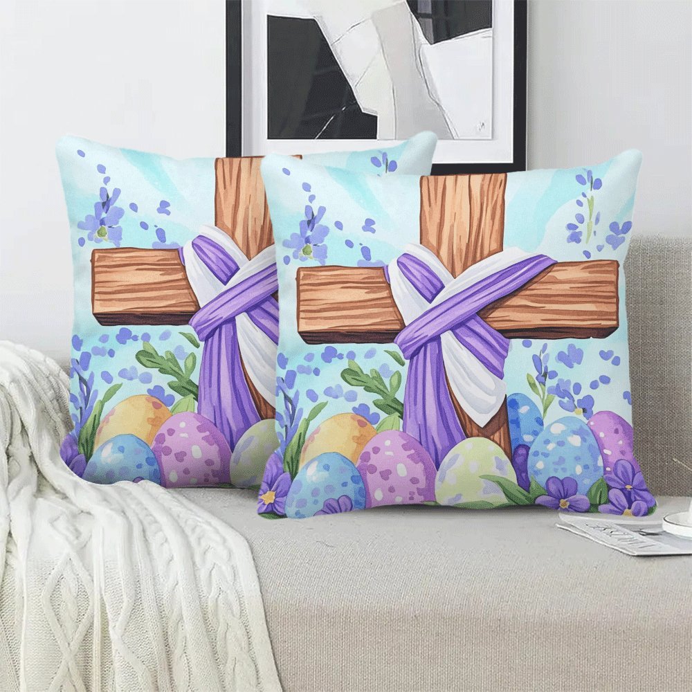 Pillow Cover Set featuring Modern Floral Easter Egg & Cross Design, Pack of 2, 45.72x45.72 cm, Easy to Wash in Machine, Comes with Zipper Closure, Year-round Comfort, Perfect for Sofa and Bedroom Decor, Insert Not Included