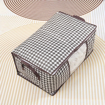 Lightweight portable storage bag with houndstooth window design, large-capacity wardrobe organizer for travel and clothing essentials.