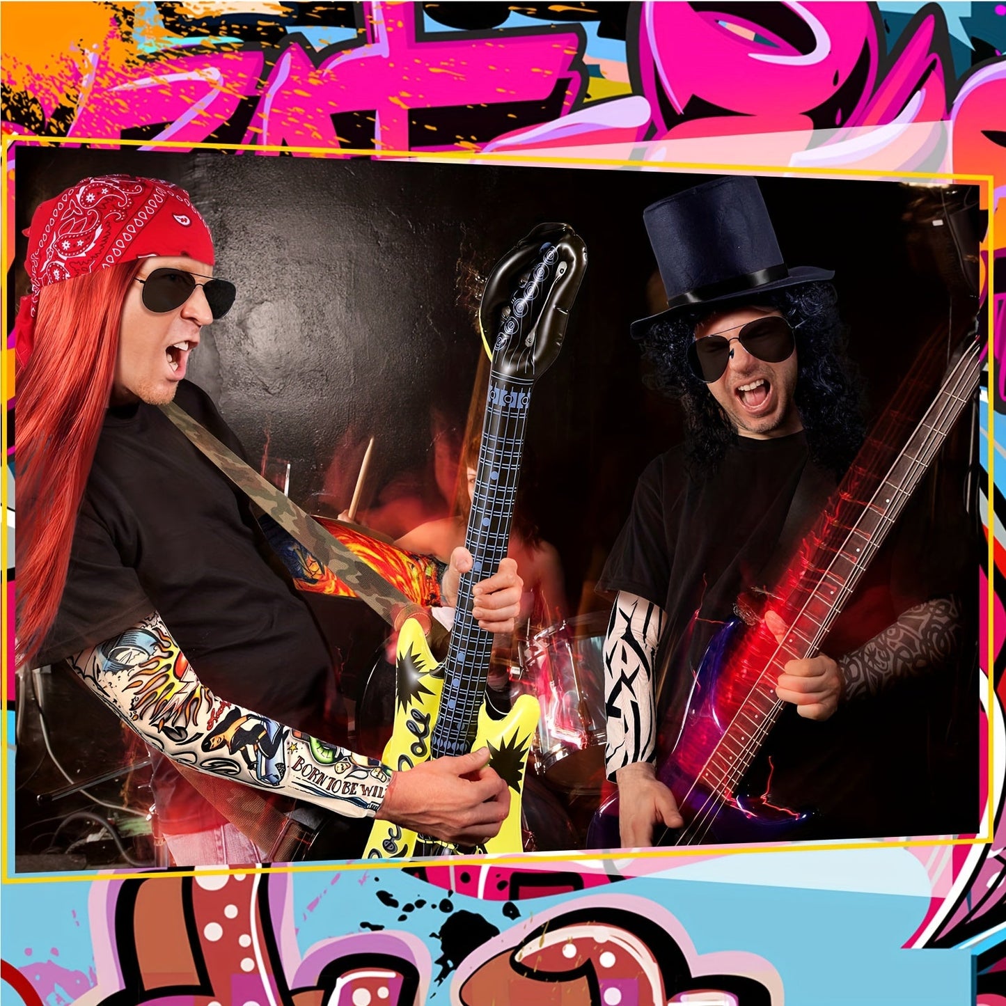 Get ready to rock with this Retro Rocker Costume Set, perfect for both men and women! This set includes 7 pieces that will transform you into a 70s/80s heavy metal hippie. Complete with a wig, bandana, fashion glasses, punk gloves, and tattoo sleeves