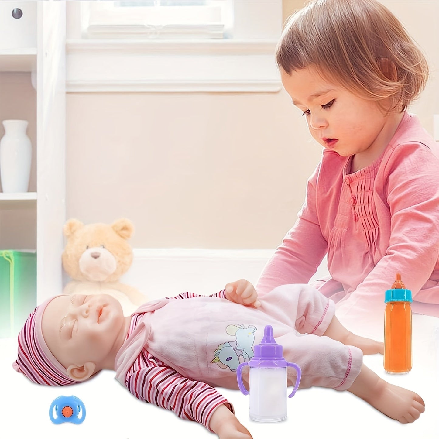 Set of baby doll feeding bottles, including 8.48 cm milk bottles and 9.5 cm juice bottles, comes with a toy pacifier. Perfect baby doll accessories for kids' gift.