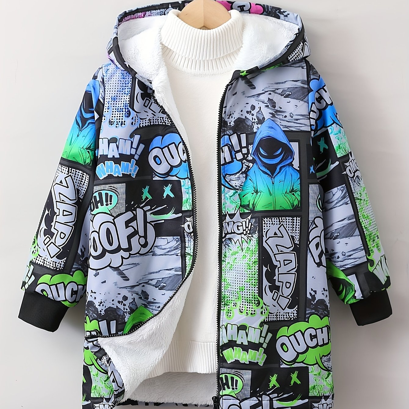 Boys' trendy hoodie with comic-style print and vibrant graffiti design for Fall/Winter.