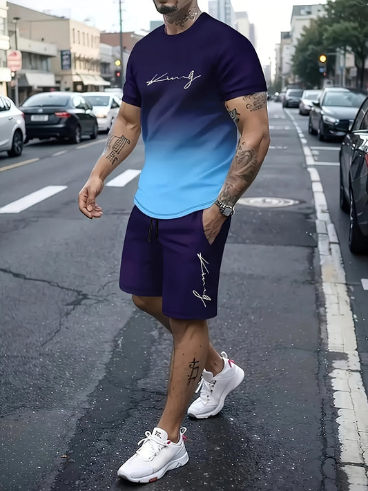 Men's Gradient Color Fashion Sports Suit featuring a "King" print T-shirt and stretch pants. Made of a polyester/spandex blend for outdoor activities. Comfortable, breathable, modern casual