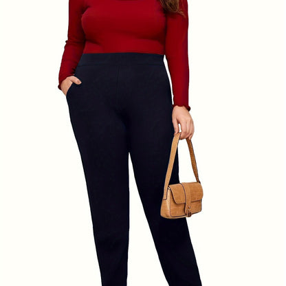 High-waisted, slim-fitting straight-leg pants for plus size, made of polyester with pockets. Ideal for Spring/Fall and machine washable.