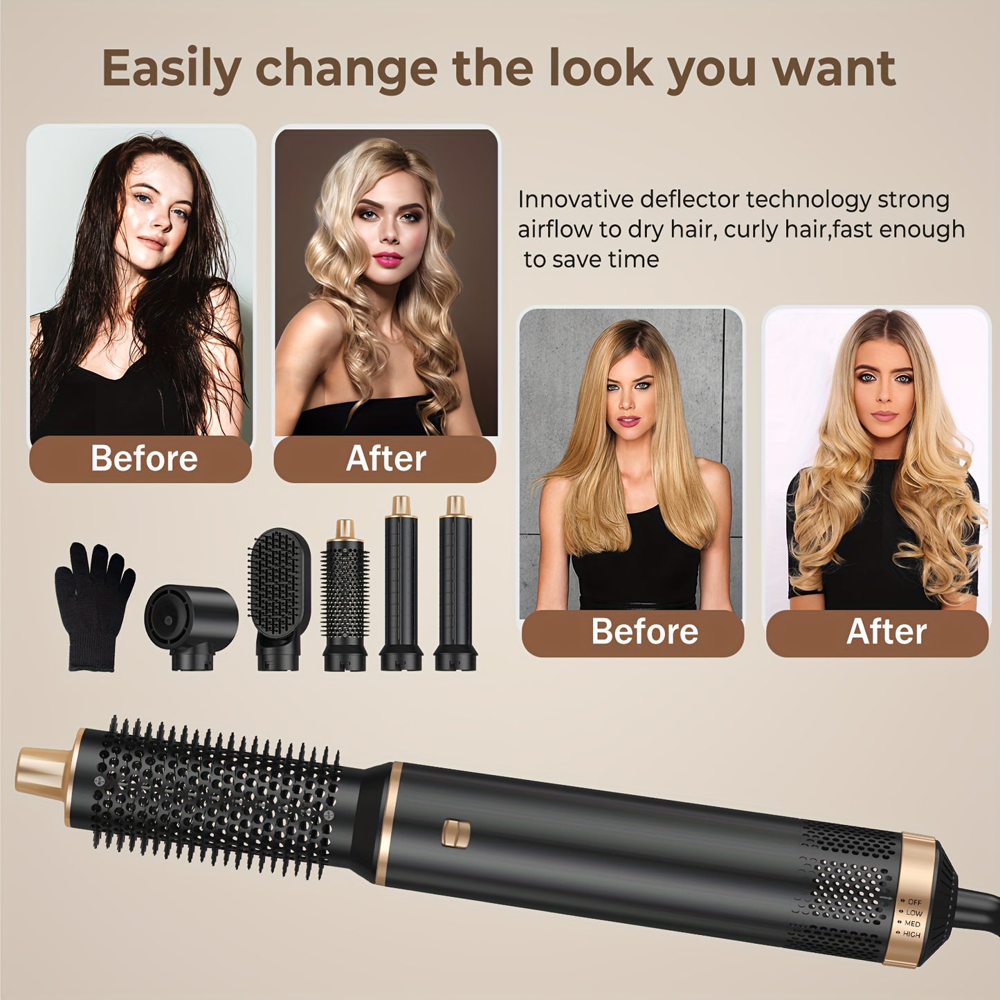 Multifunctional 5-in-1 Hot Air Styling Brush Set with Automatic Left & Right Curling Iron, Straight Hair Brush, Blow Dryer - 220V European Plug.