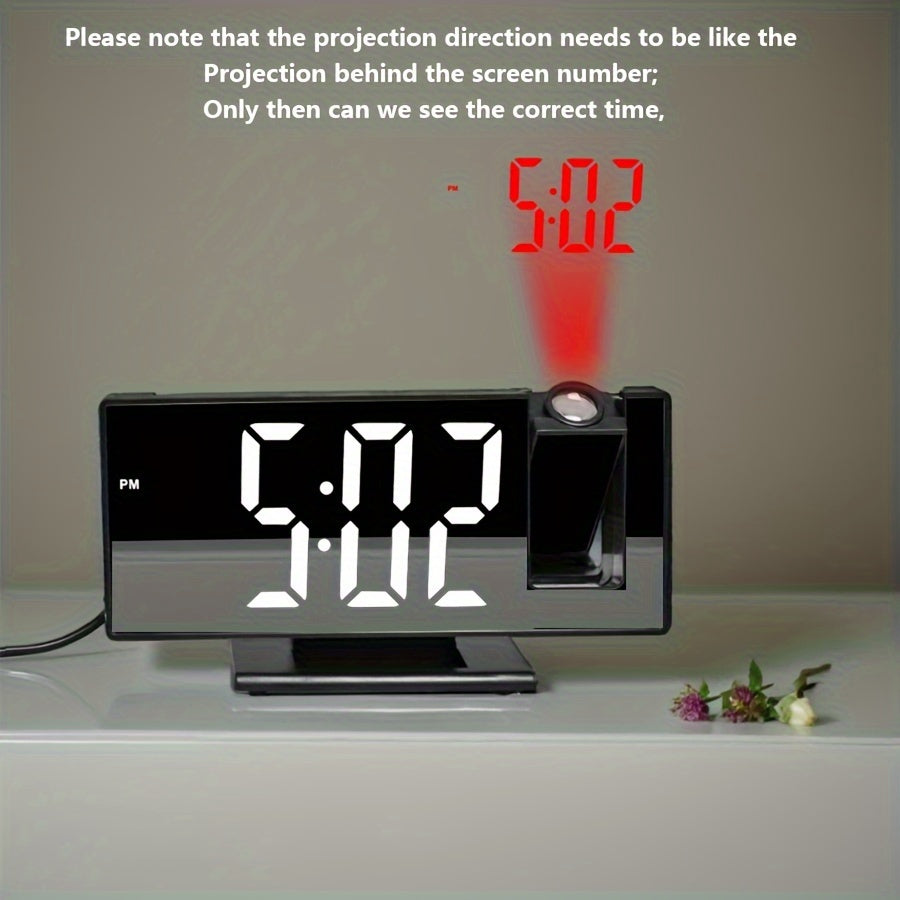 1pc Multi-Function LED Projection Alarm Clock with 180° Flat Display, Time-Date-Temperature Switching, USB Powered, Black Square Design, Modern Digital Clock with Adjustable Projection.