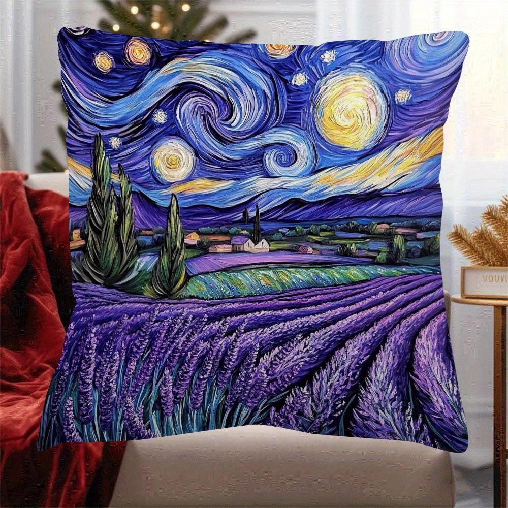 Modern flannel pillow cover featuring a starry night lavender design. This 45.72x45.72 cm cushion case is machine washable with a zippered closure, perfect for adding a touch of movie-themed decor to your sofa or bed. Suitable for back sleepers and ideal