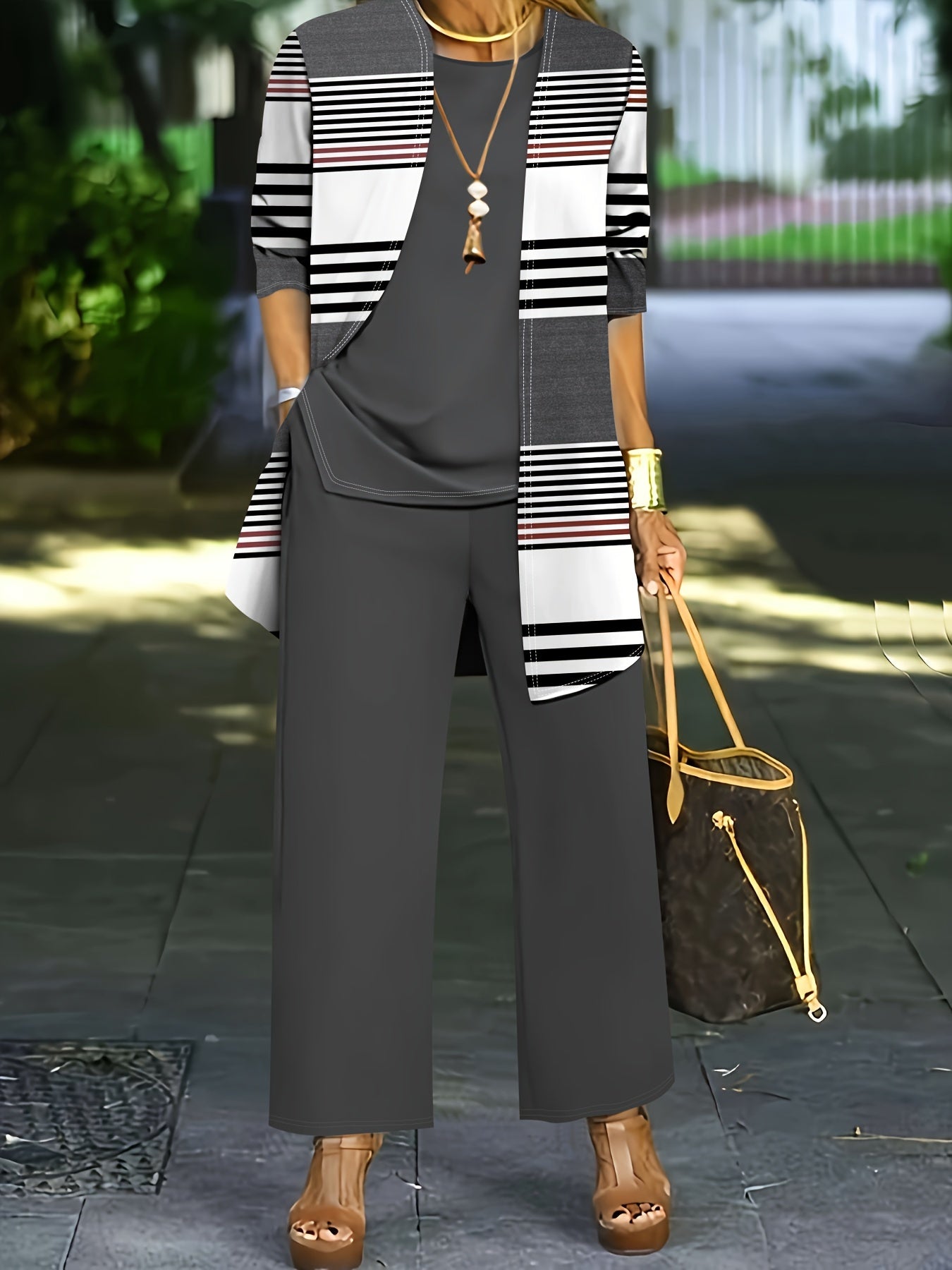 3-piece polyester knit pantsuit for all seasons, featuring a striped cardigan, solid color vest, and wide-leg pants with pockets.