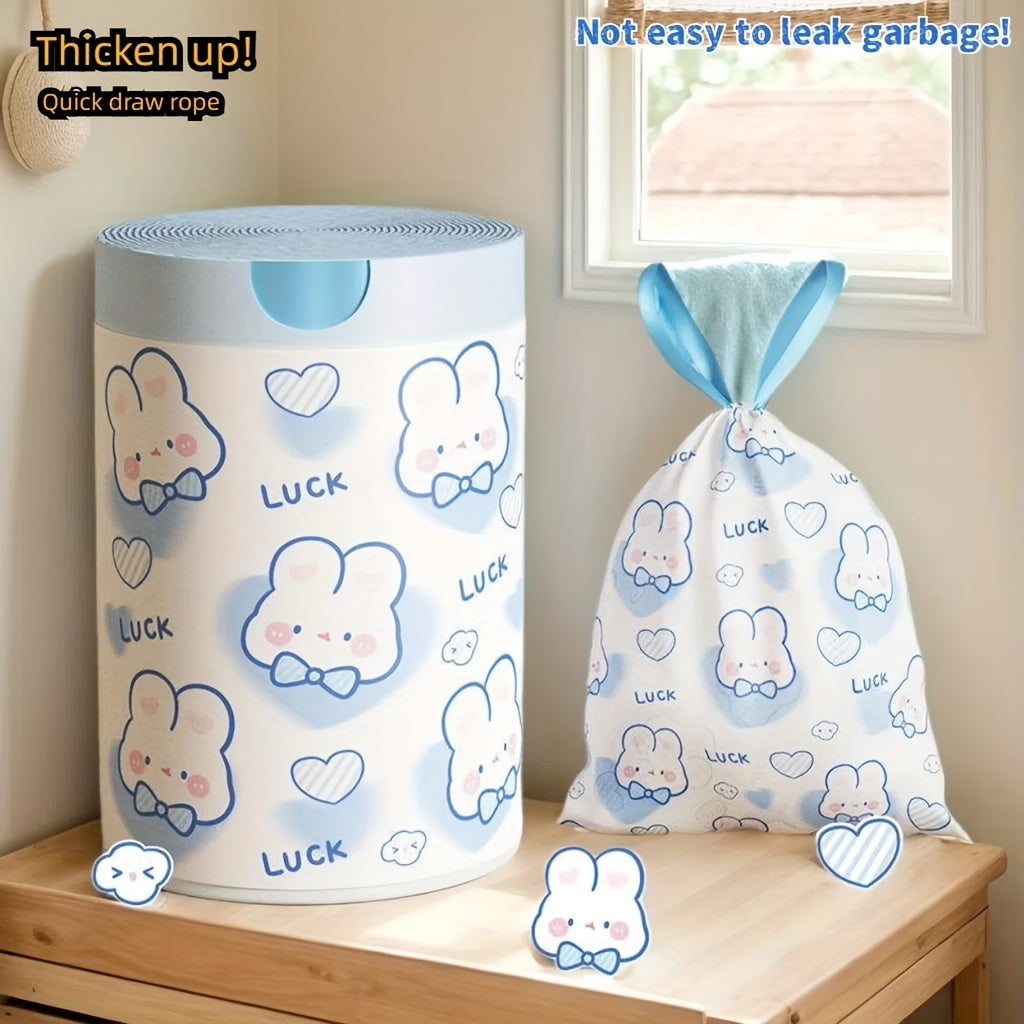 50 pieces out of 100 pieces of cute cartoon drawstring garbage bags are produced from leak-proof high-density HDPE plastic, ideal for disposing of waste and debris.