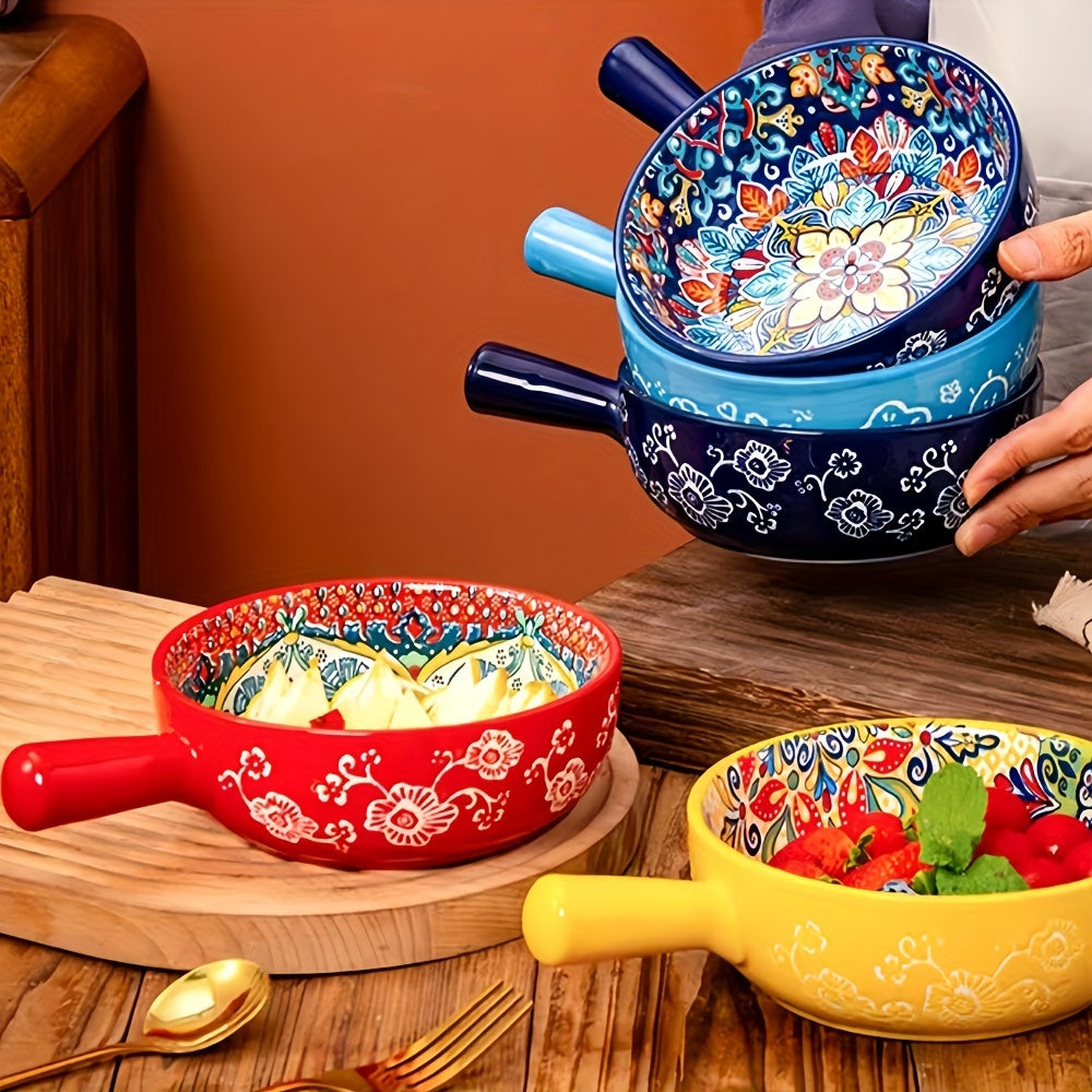 22.1 cm Bohemian ceramic salad bowl with handle, microwave and oven safe for home baking and serving.