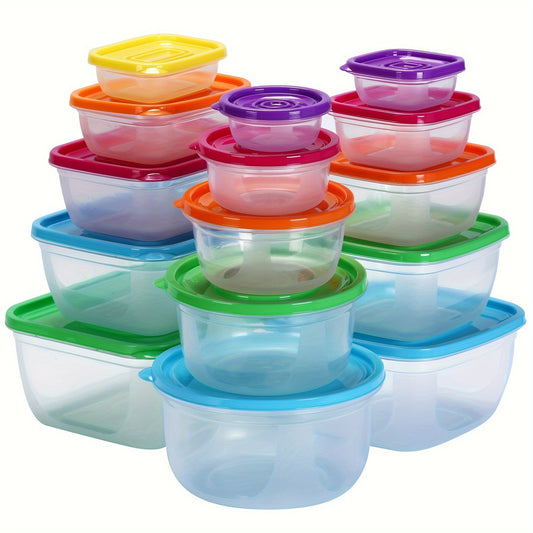 A collection of five plastic food storage containers, featuring round, square, and rectangular shapes with clear lids. Ideal for keeping food fresh in the refrigerator or storing leftovers, these microwave-safe containers are spacious and perfect for