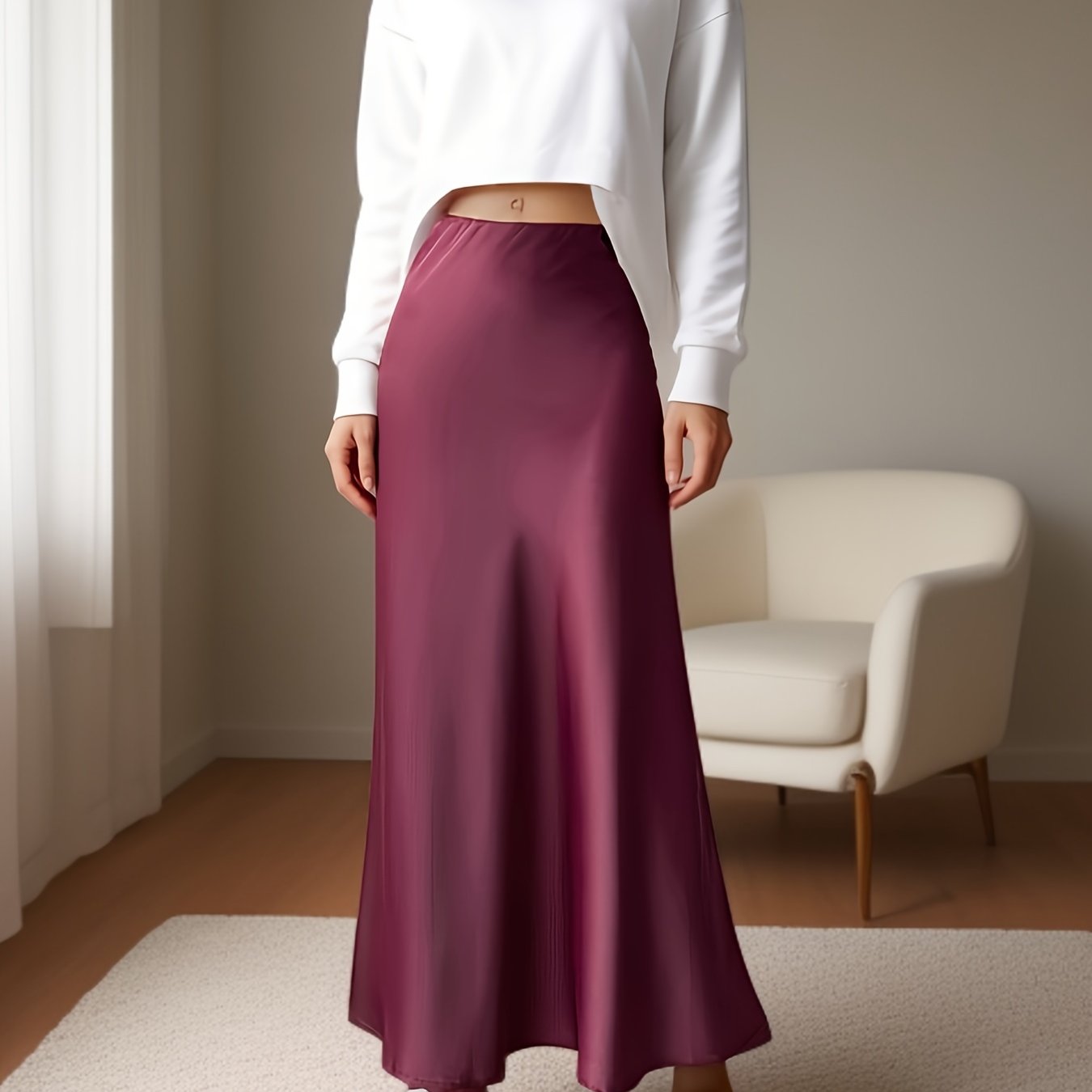 Stretchy imitation acetate satin midi skirt with fishtail design for women.