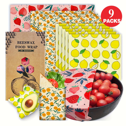 Food Covers Set includes 9 pieces of sustainable beeswax wrapping paper for reusable food preservation covers. Perfect for leftovers, fruits, vegetables, kitchen storage, and accessories.