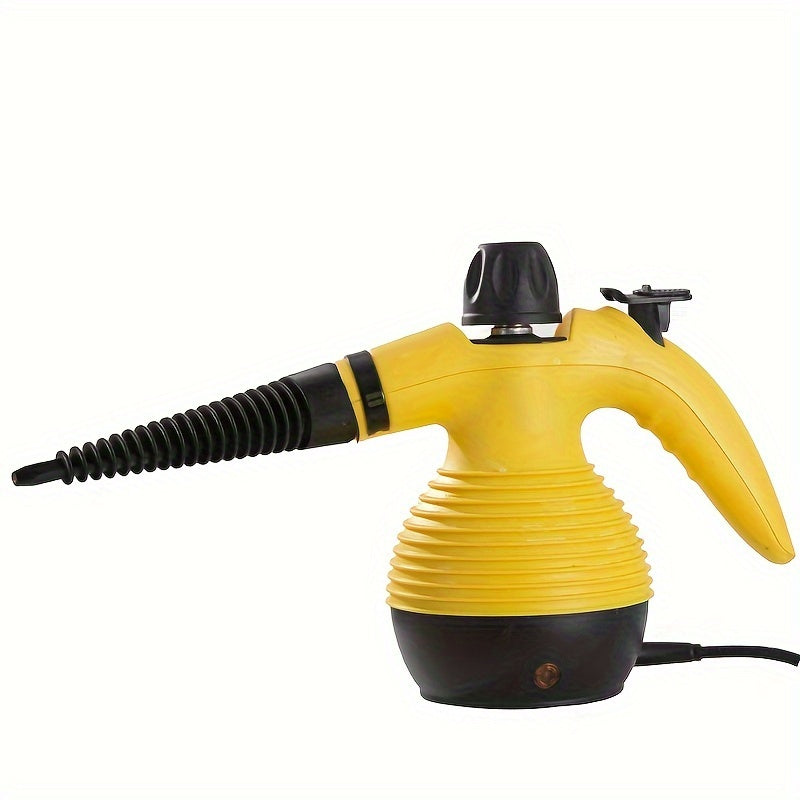 Versatile handheld steam cleaner with 9 accessory kit for easy stain removal on various surfaces. EU plug, 600W+ power.