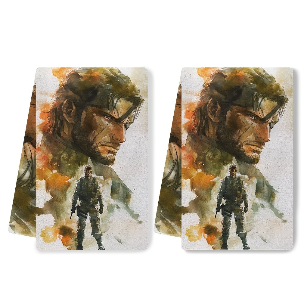 Two-pack of luxurious kitchen towels with Metal Gear Solid design, ultra soft and highly absorbent for holiday decorating. Machine washable, size 40.64X60.96 cm.